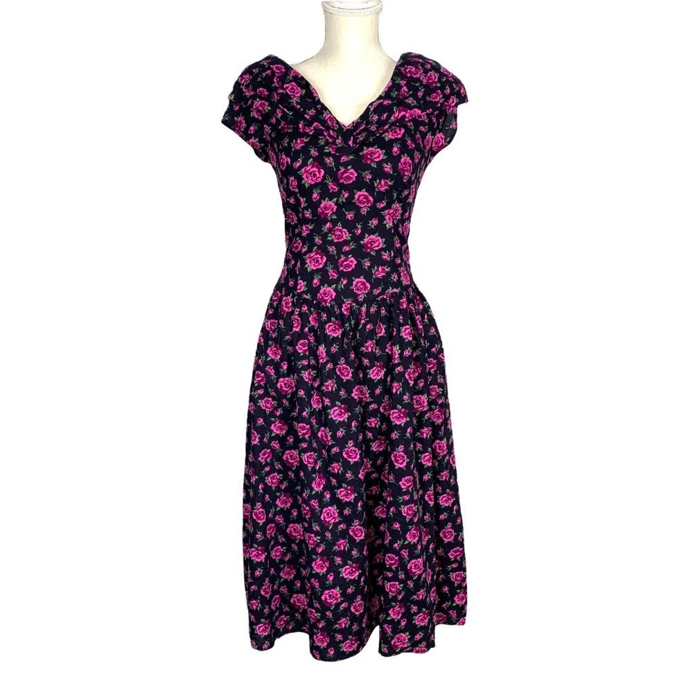 Vintage 90s Black Pink Floral Print Short Sleeve Fit Flare Midi Dress Medium